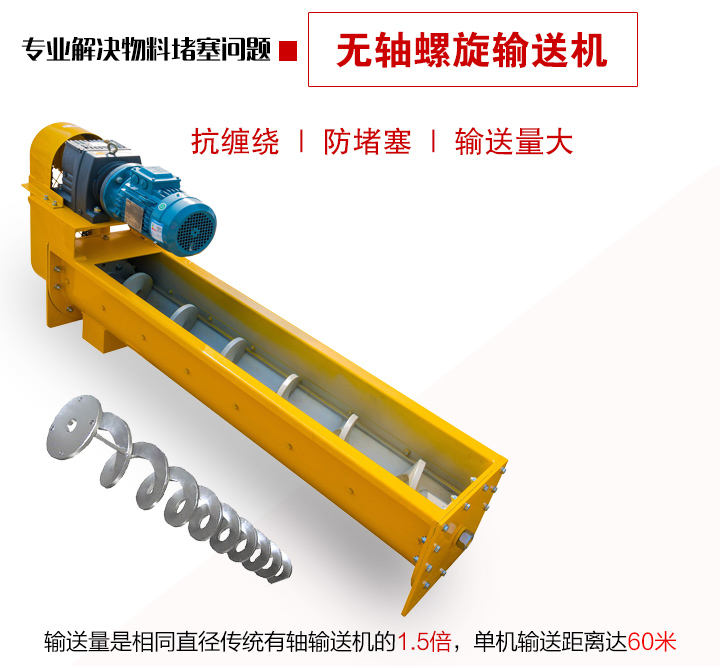 輸送量是相同直徑傳統(tǒng)有軸輸送機(jī)的1.5倍，單機(jī)輸送距離達(dá)60米